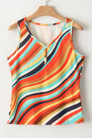 Ribbed stripe button-down tank top with a V-neck and colorful wavy stripes.