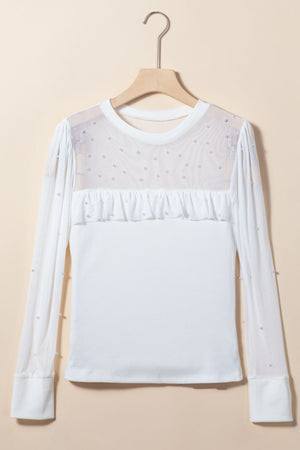 White mesh yoke bodysuit with pearl embellishments and ruffled detail