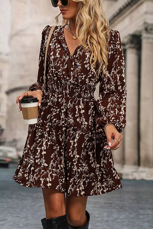Ditsy Floral Print Split Neck Mini Dress in Coffee Brown, fabric detail
