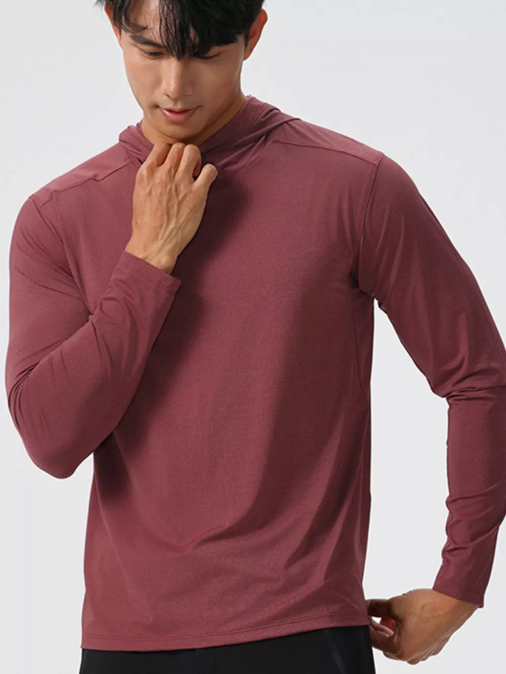 Men's long sleeve cotton hoodie in Dusty Pink with a relaxed fit.