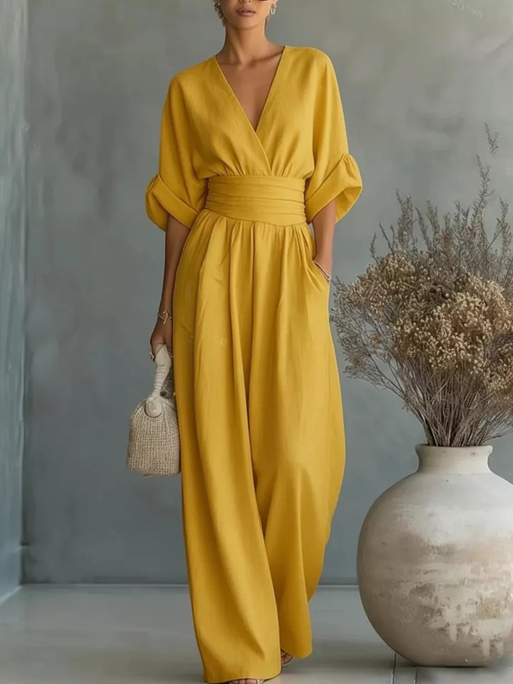 Full Size Half Sleeve Wide Leg Jumpsuit, fit detail