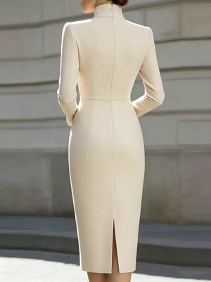 High Neck Long Sleeve Slit Dress in Dark Blue, side view