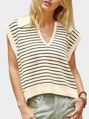 Ribbed knit polo vest in cream with black stripes, V-neck, and collar.