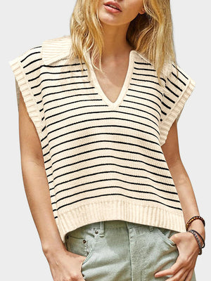 Ribbed knit polo vest in cream with black stripes, V-neck, and collar.
