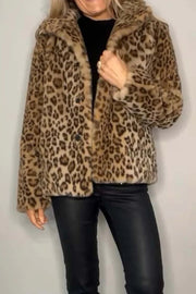 Leopard print faux fur collar coat with button closure and plush trim.