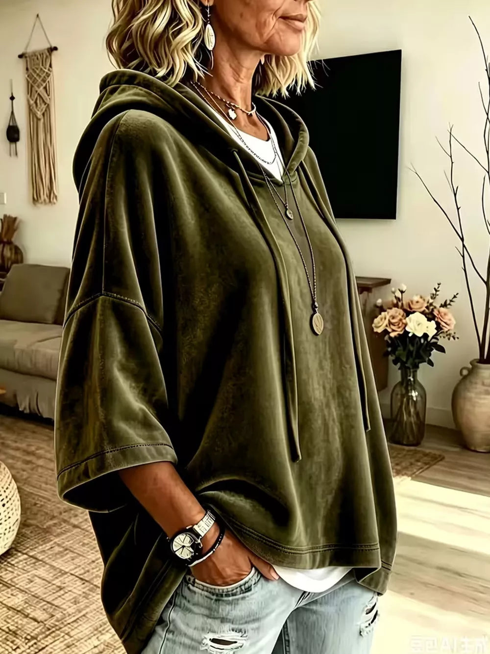 Velvet Loose Fit Hoodie With Drawstring in Khaki, alternate angle