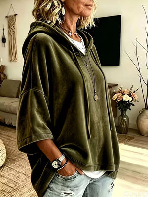 Velvet Loose Fit Hoodie With Drawstring in Khaki, alternate angle