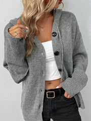 Relaxed knit hooded button-down cardigan in dark gray with black buttons.
