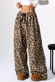 Leopard plush palazzo lounge pants with drawstring waist and wide leg.