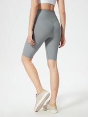 Gray ribbed contour cycling shorts with ruched detail on the back