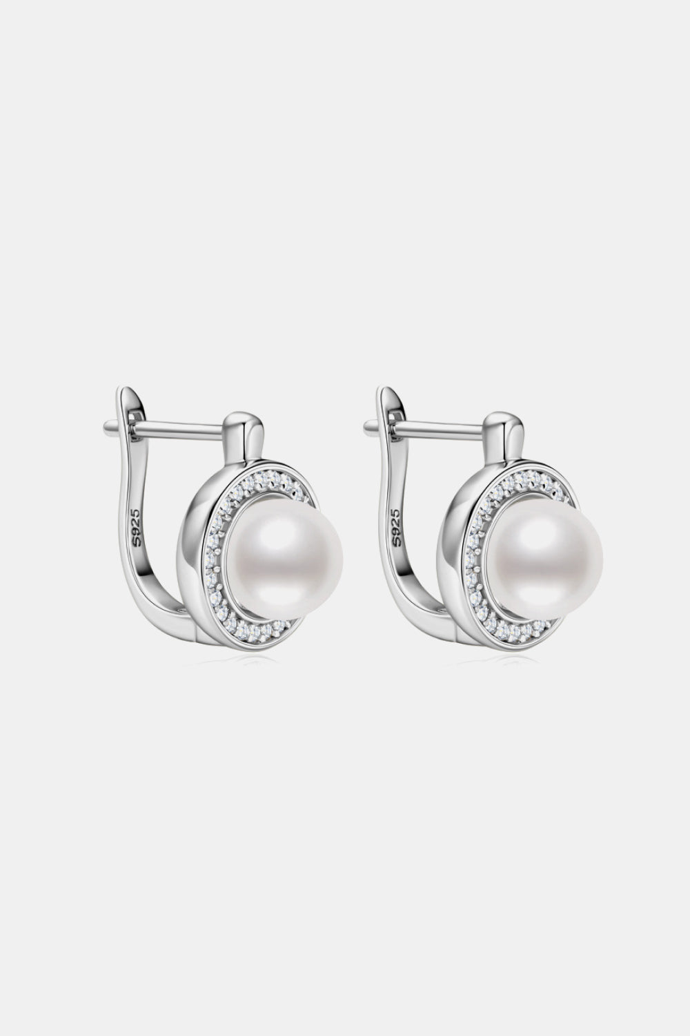 Silver pearl halo leverback earrings with cubic zirconia details