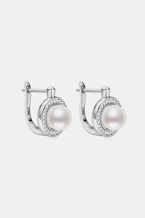 Silver pearl halo leverback earrings with cubic zirconia details