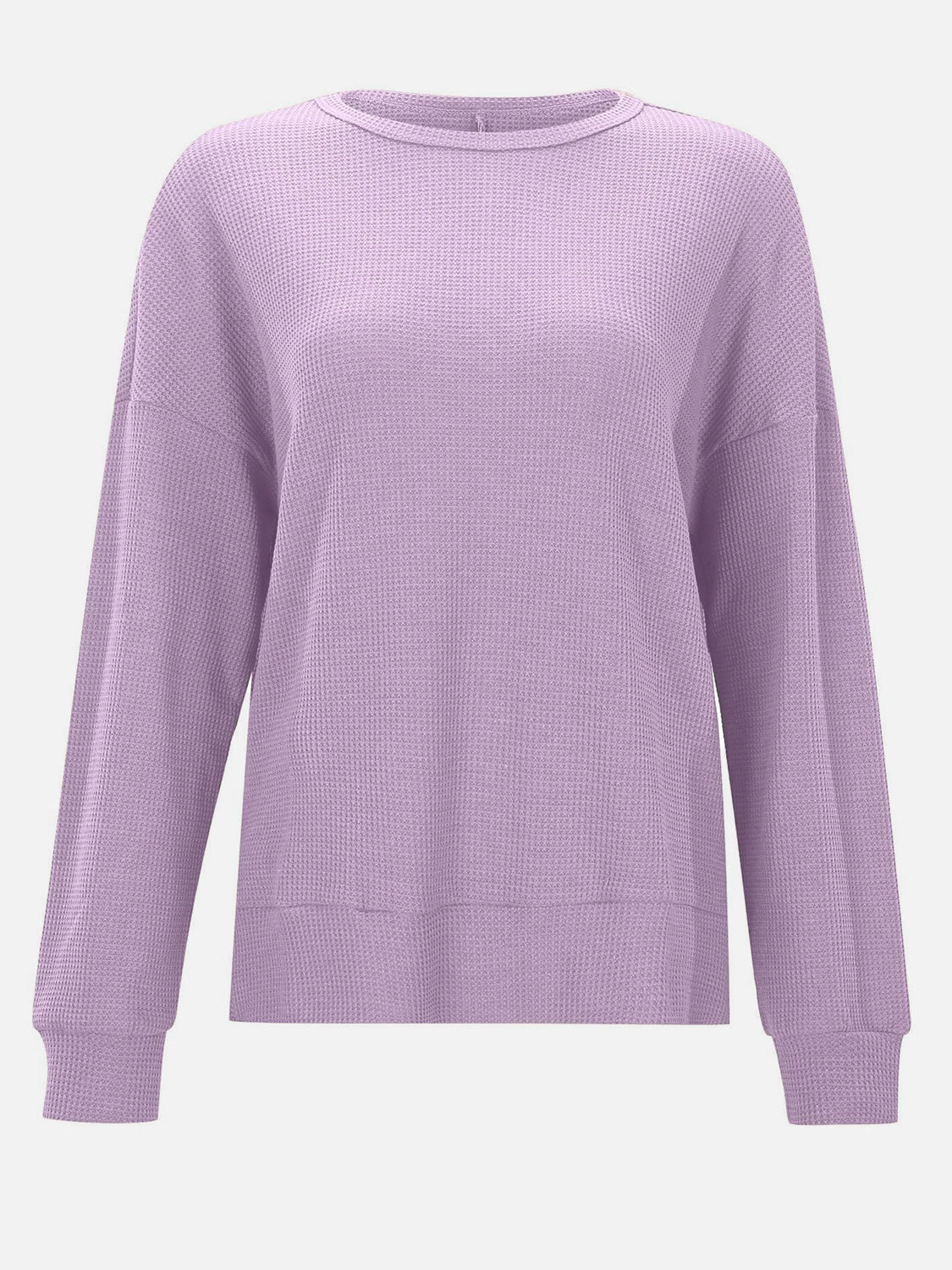 Lavender waffle knit relaxed fit crewneck top with long sleeves and ribbed cuffs and hem.