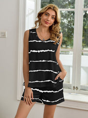 Black abstract stripe sleep set with scoop neck tank and shorts.