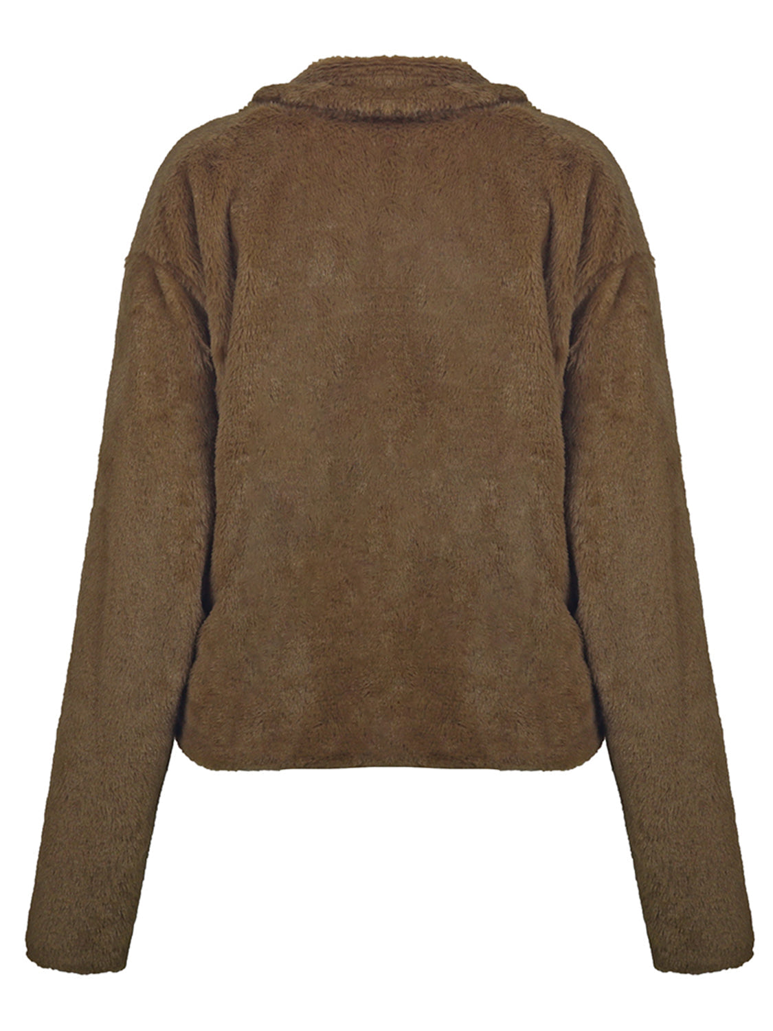 Faux fur biker jacket in chocolate brown with a collar and long sleeves.