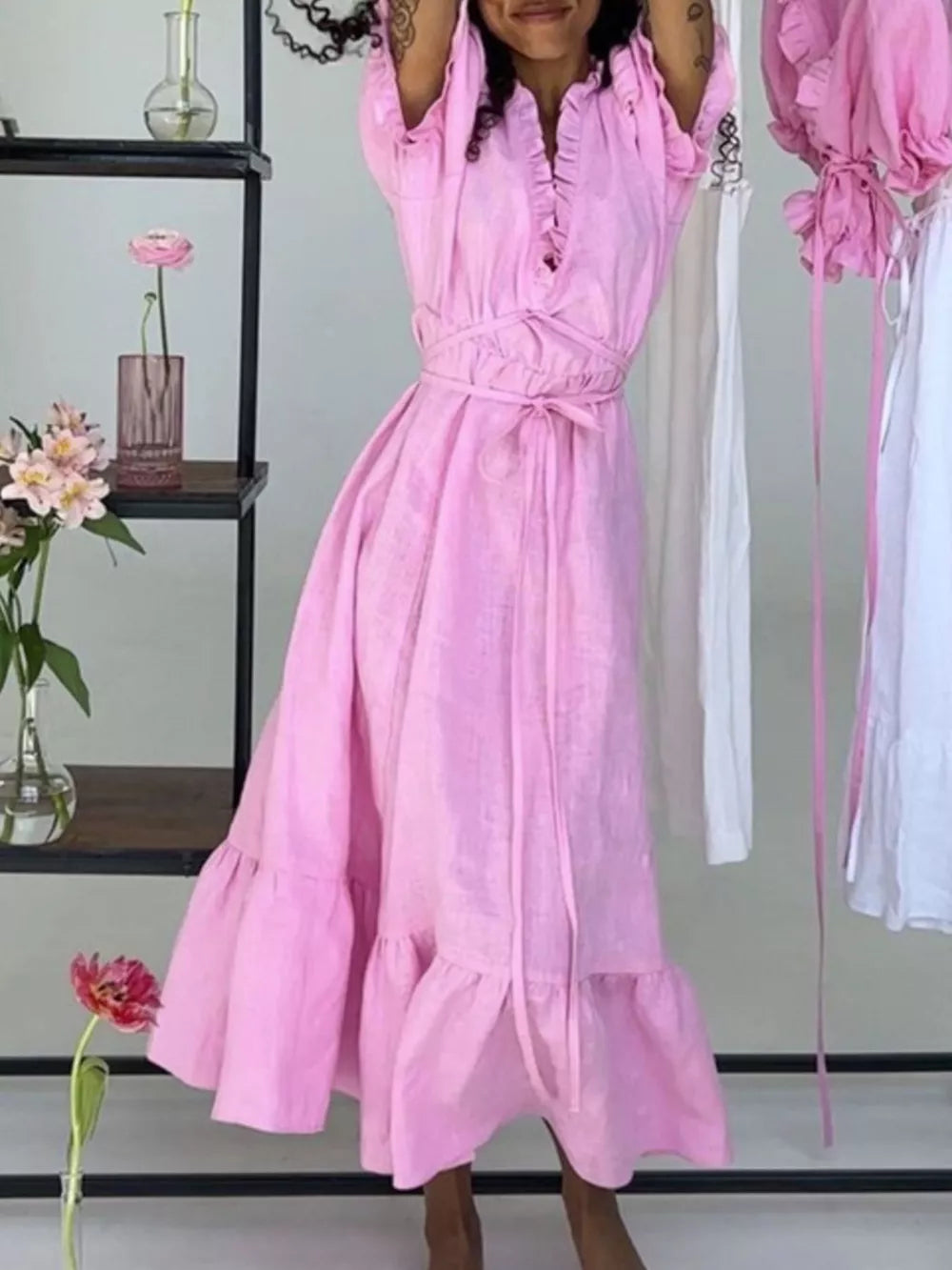 Frilled V-neck Tie-waist Maxi Dress