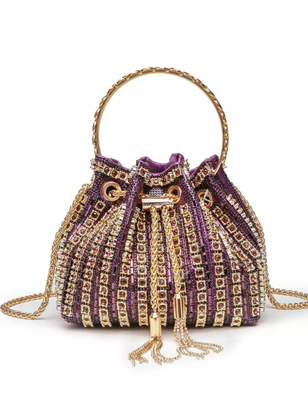 Purple rhinestone embellished mini crossbody bucket bag with gold chain strap and tassels.
