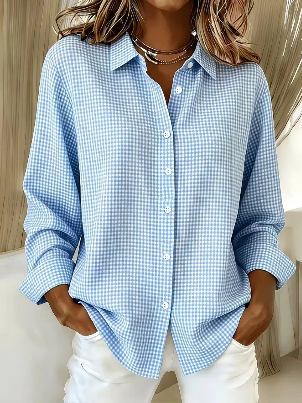 Plus Size Plaid Button Up Long Sleeve Shirt, close-up detail