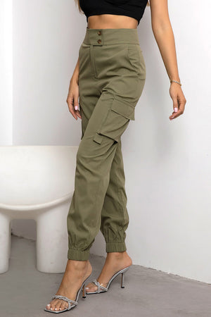 Sage utility jogger trousers with cargo pockets and elasticated cuffs.