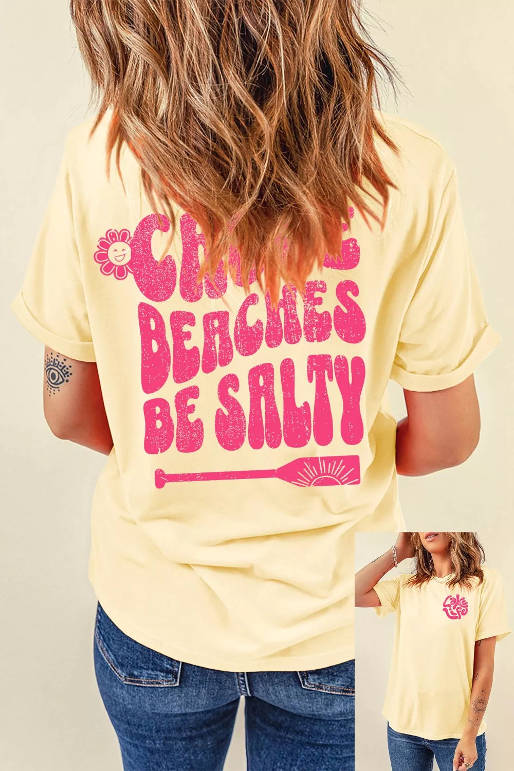 Yellow polyester t-shirt with distressed pink graphic text and paddle graphic.