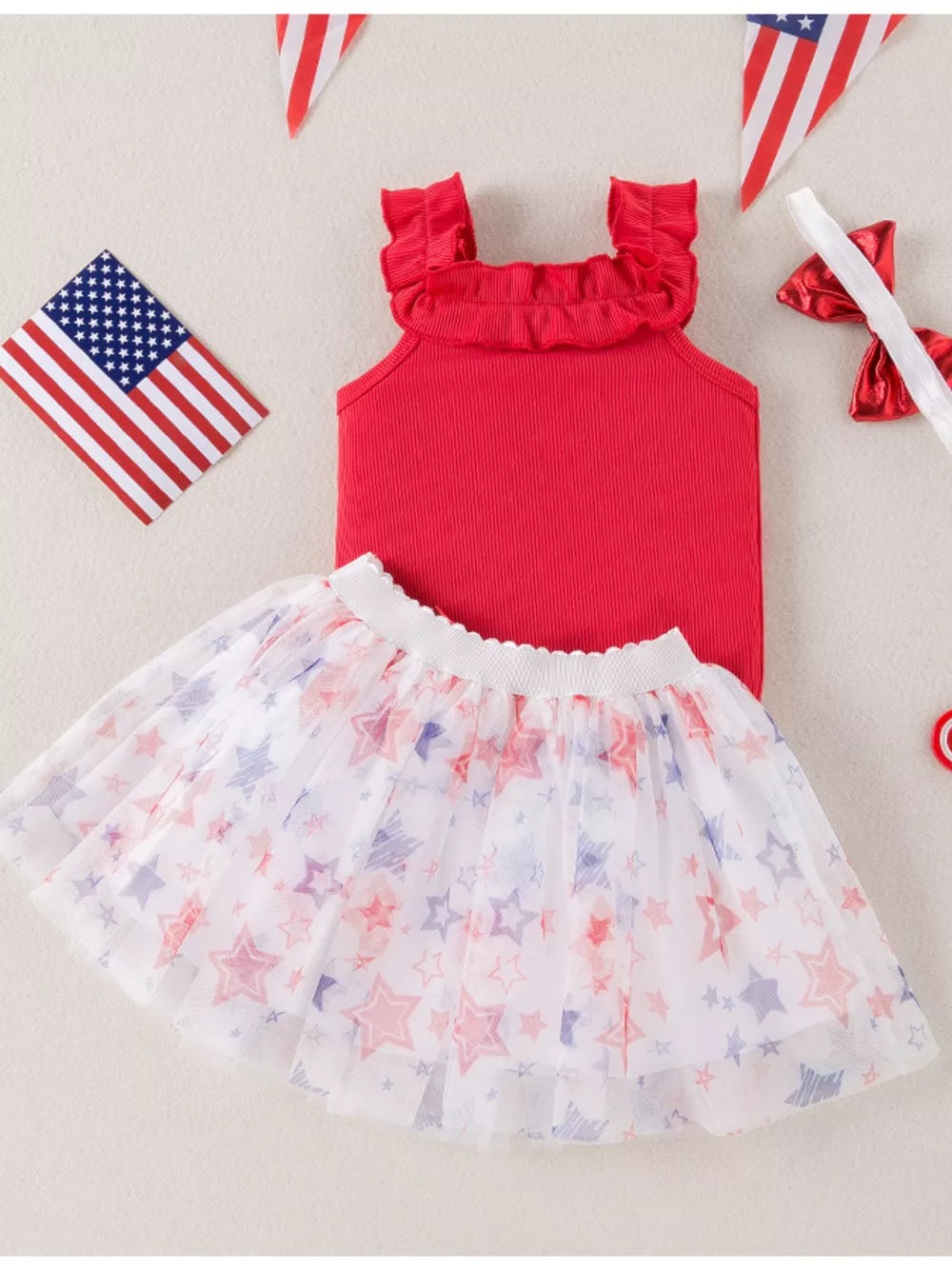 Red ruffled tank top and star print tulle skirt set for girls.