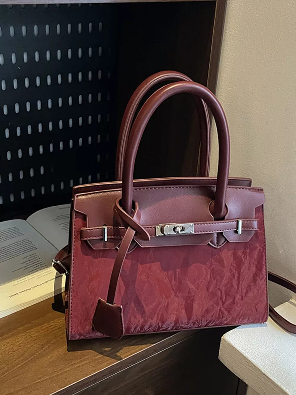 Textured Leather Top-handle Handbag in Black, fabric detail