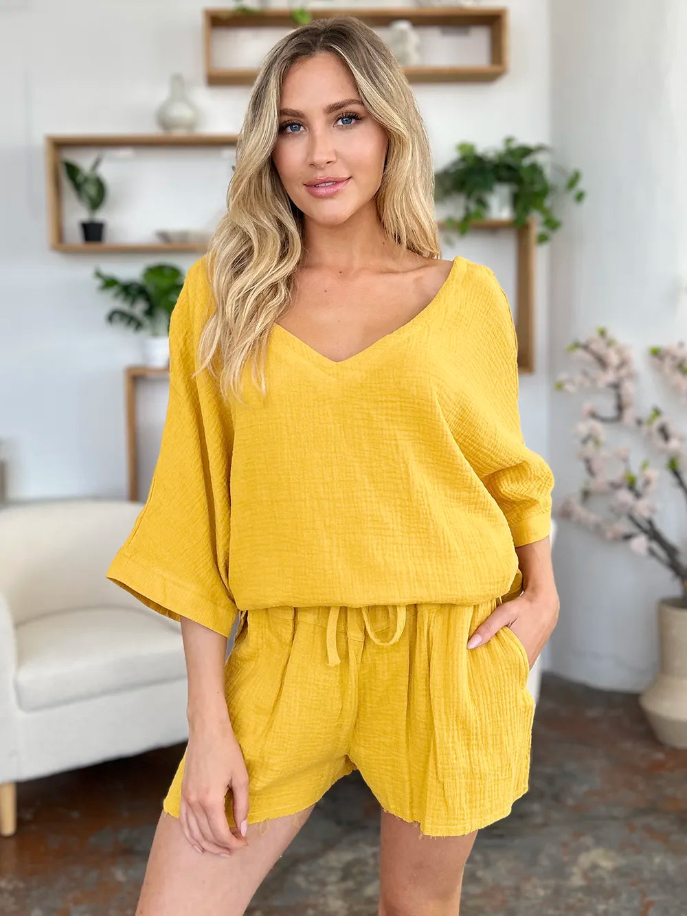Gold textured cotton half sleeve top and drawstring shorts set
