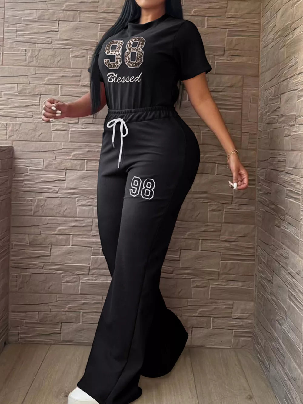 Leopard Print Crop Top And Wide Leg Pants Set in Black, close-up detail