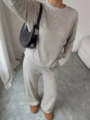 Striped Round Neck Top And Pants Set in Gray, close-up detail