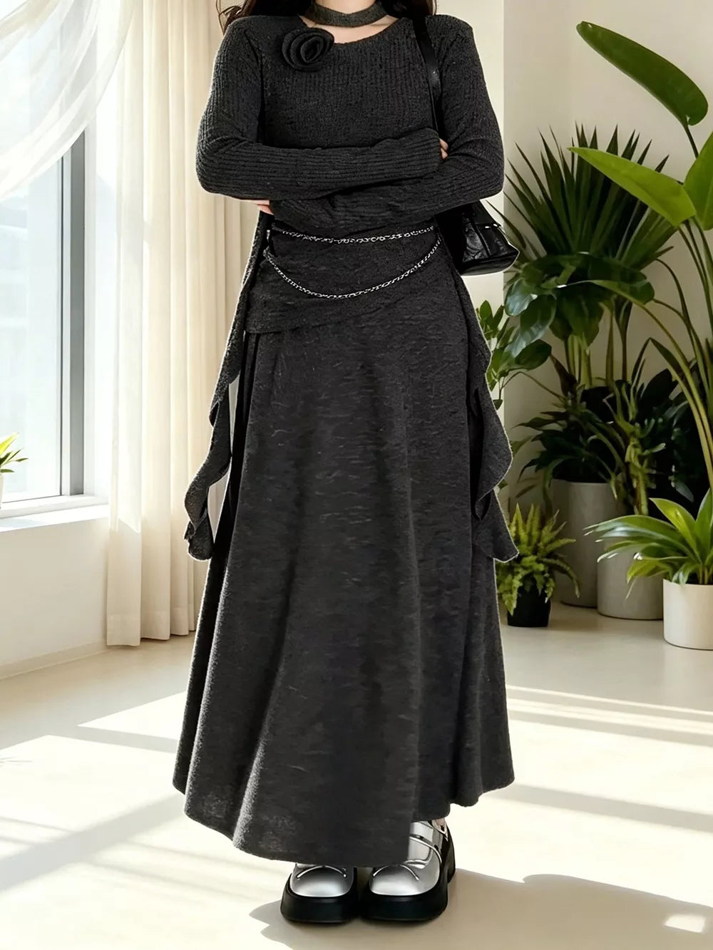 Ribbed Knit Long Sleeve Top And Skirt Set, close-up detail