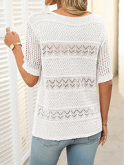 White knit sweater with half sleeves and openwork stripe details.