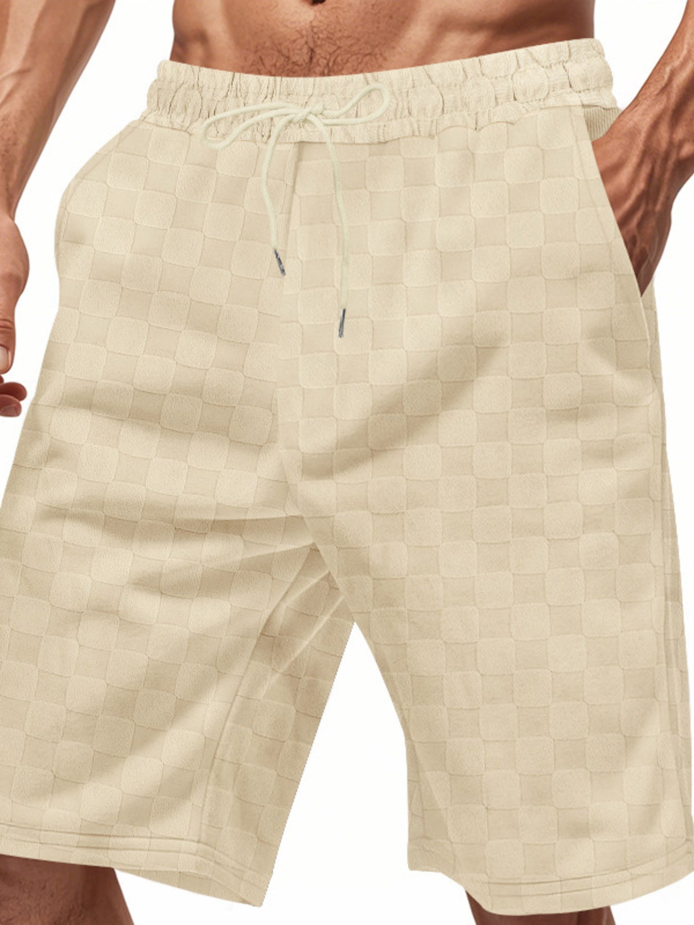 Men's beige checkered chino shorts with drawstring waist and pockets.
