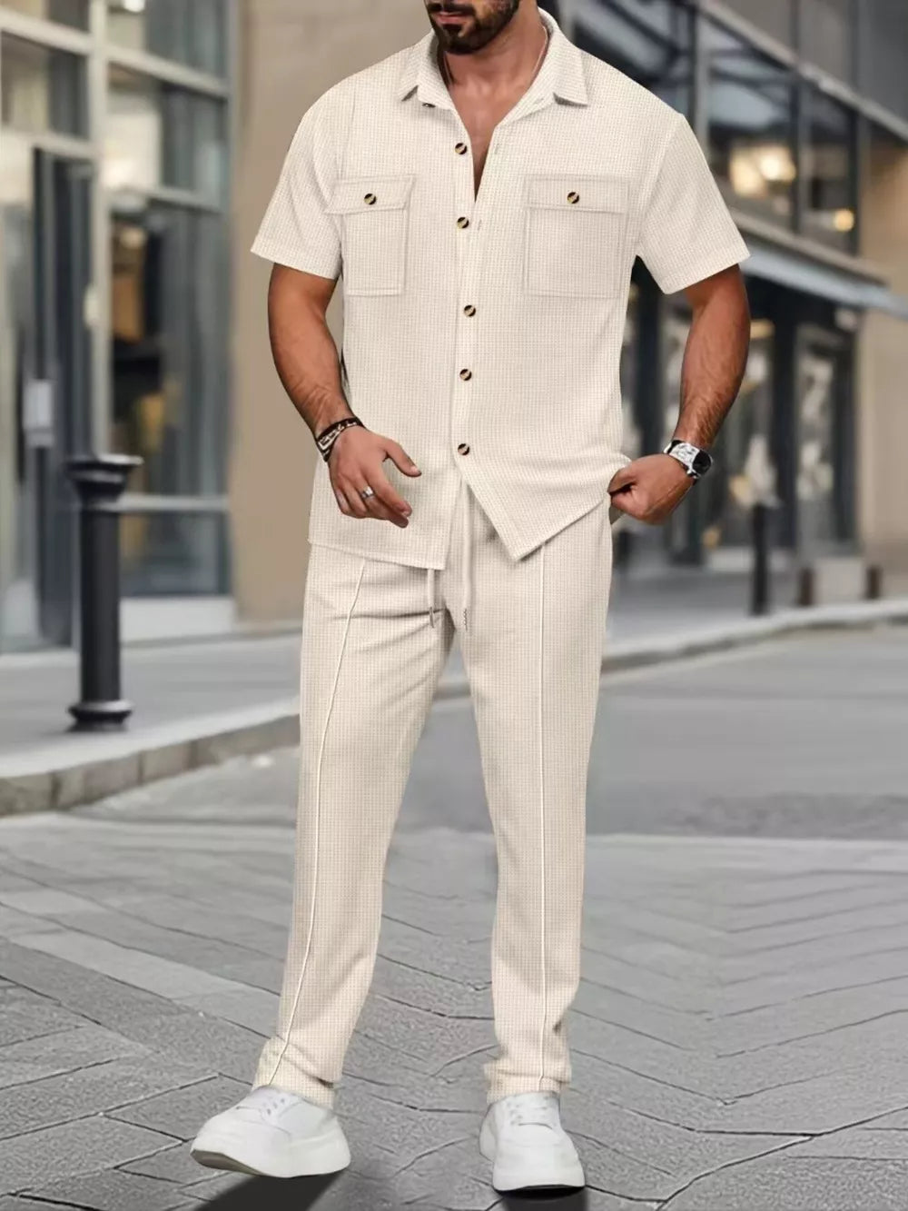 Men's casual short sleeve button-up shirt and drawstring pants set in Khaki with subtle check pattern.