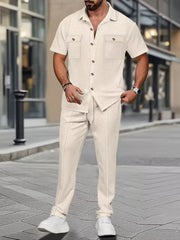 Men's casual short sleeve button-up shirt and drawstring pants set in Khaki with subtle check pattern.