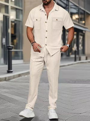 Men's casual short sleeve button-up shirt and drawstring pants set in Khaki with subtle check pattern.