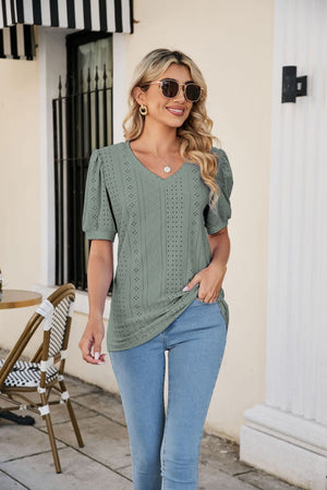 Sage perforated puff sleeve v-neck blouse with eyelet detail