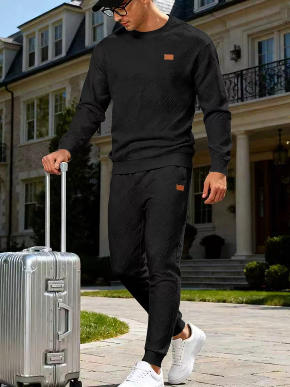 Men's Casual Textured Top And Pants Set in Navy Blue, side view