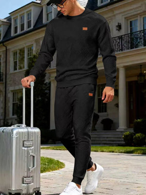Men's Casual Textured Top And Pants Set in Navy Blue, side view