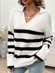 Bold stripe knit sweater with collar and v-neck in white and black.