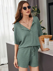 Relaxed waffle henley short set in Army Green with drawstring shorts and short sleeves.