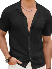 Men's black mesh button-up short sleeve shirt with textured vertical stripes.