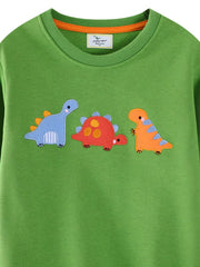 Green crewneck sweatshirt with three embroidered dinosaurs: blue, red, and orange.