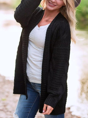 Black textured cable knit duster cardigan with open front and long sleeves.