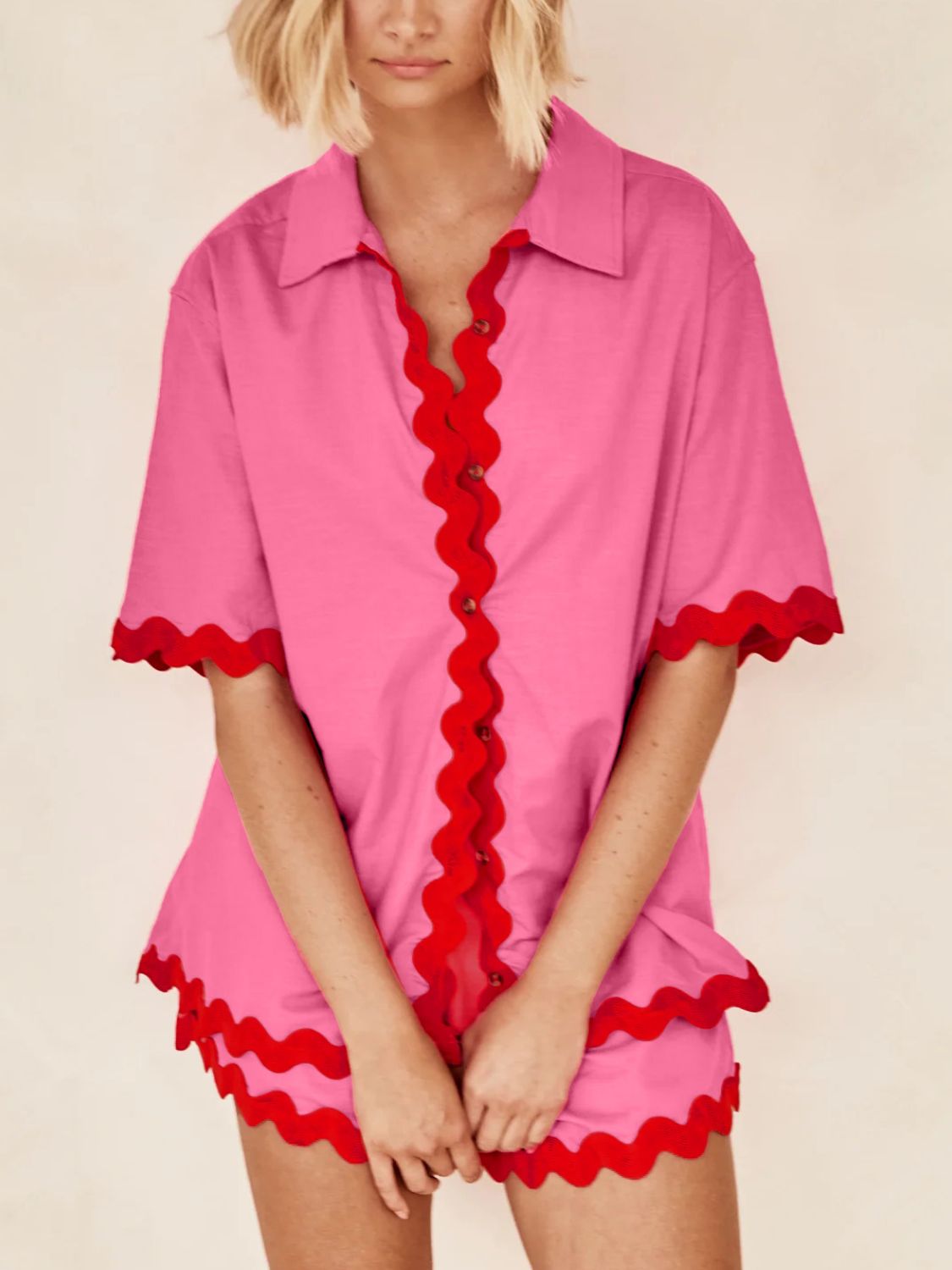 Hot pink shirt and shorts set with red scallop trim and short sleeves