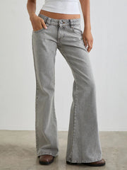 Light gray low rise flare leg jeans with pockets