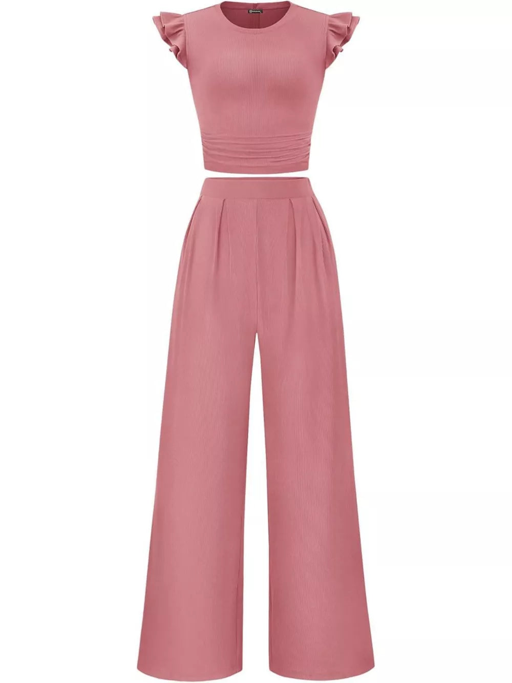 Pink ruffled cap sleeve maternity two-piece set with ruched waist top and wide-leg pants.