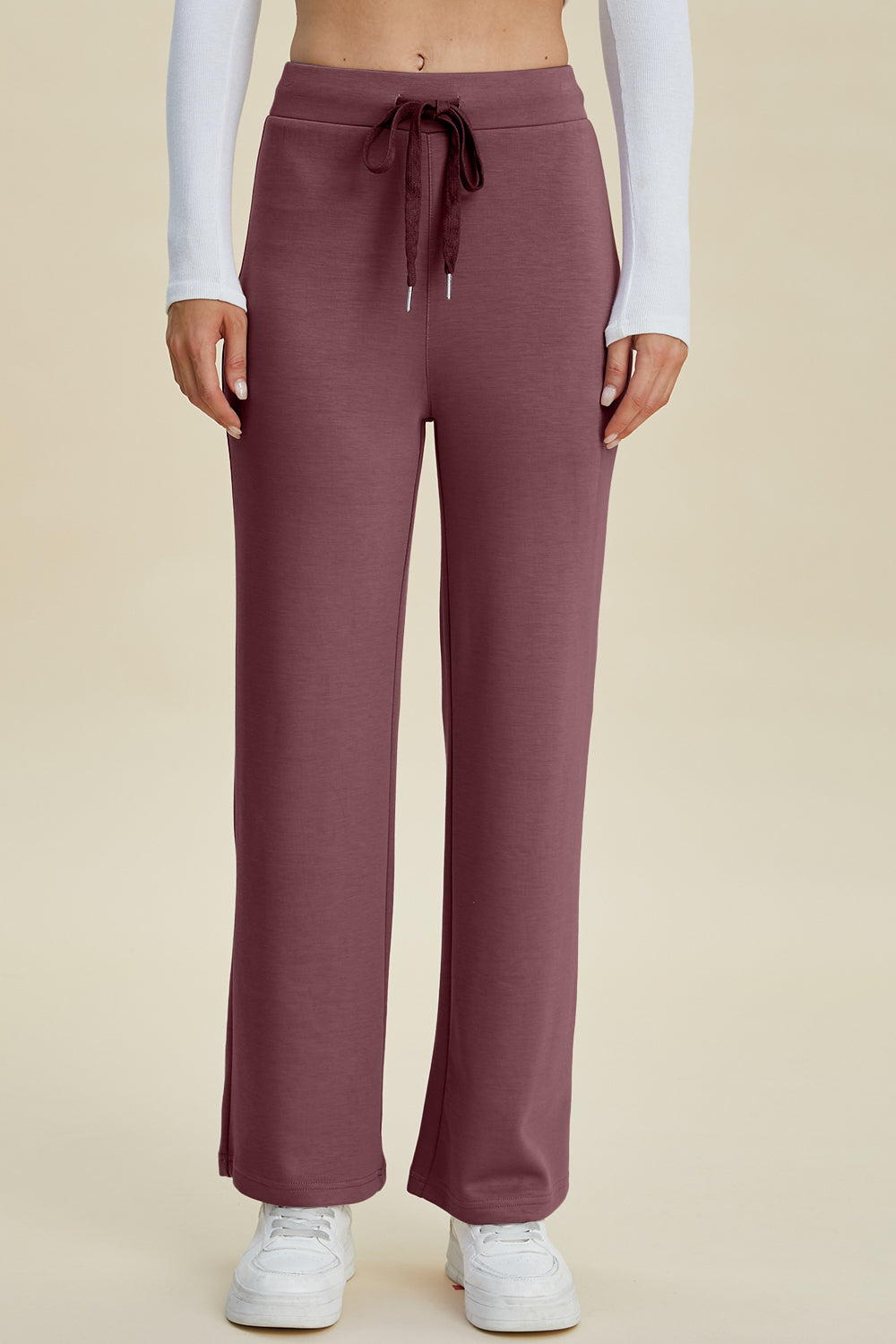 Soft drape wide leg lounge pants in Mauve with drawstring waist