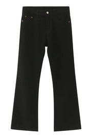 Black denim relaxed flare trousers with a casual, boho style
