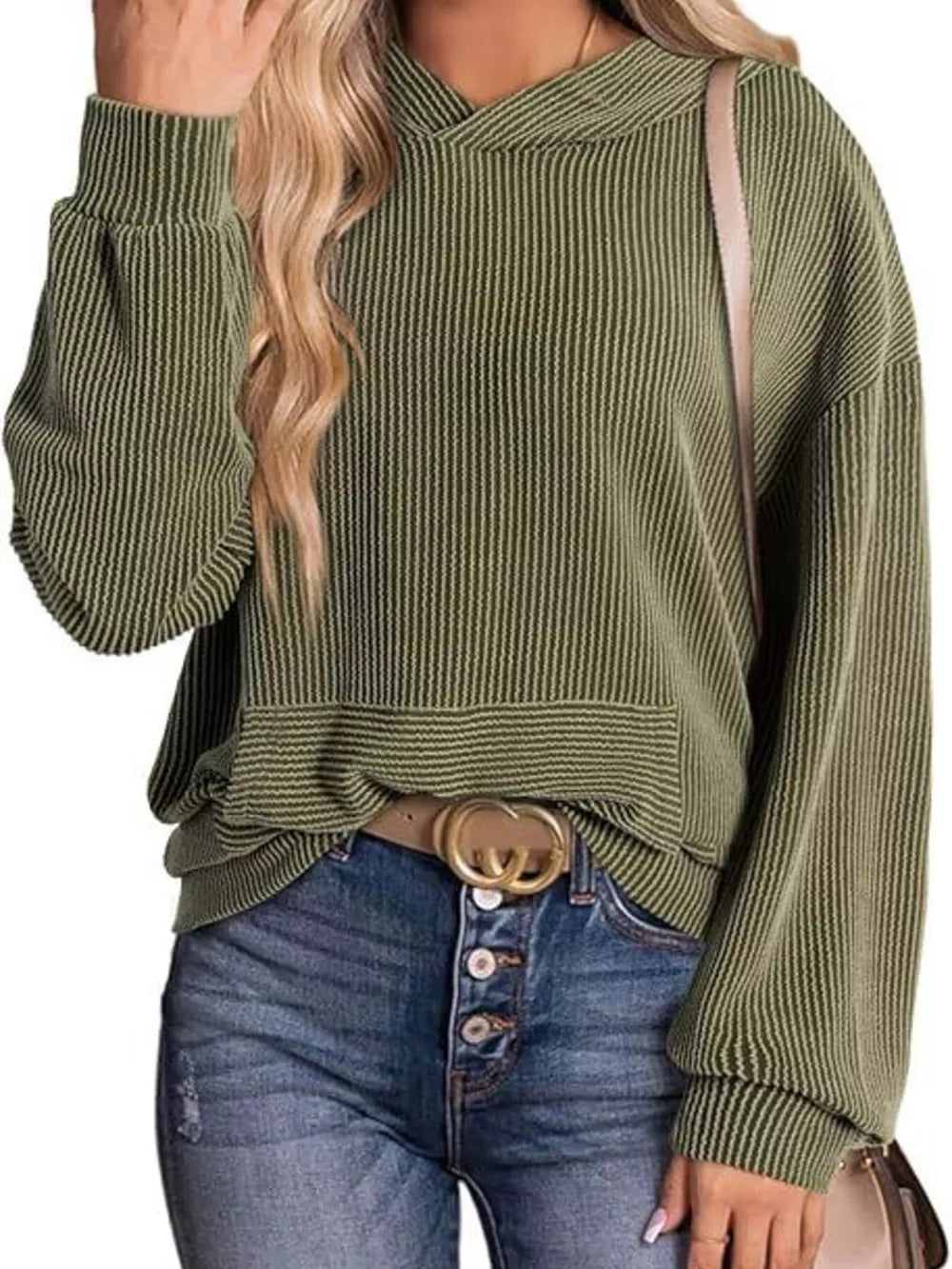 Green ribbed V-neck oversized hoodie sweatshirt with balloon sleeves and a front pocket detail.