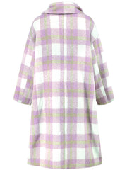 Pink purple plaid cocoon coat with wide collar and dropped shoulders.